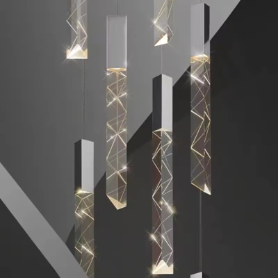 Duplex nordico moderno, sala da pranzo, villa, soggiorno, lunga scala a goccia, lampadario a LED